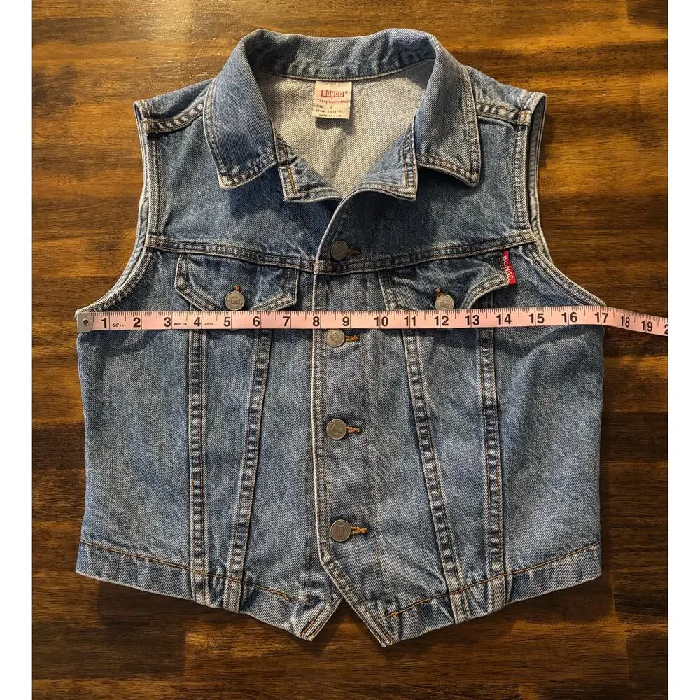 Bongo Women’s Large Denim Vest Vintage Button Front Blue Jean Crop 100% Cotton